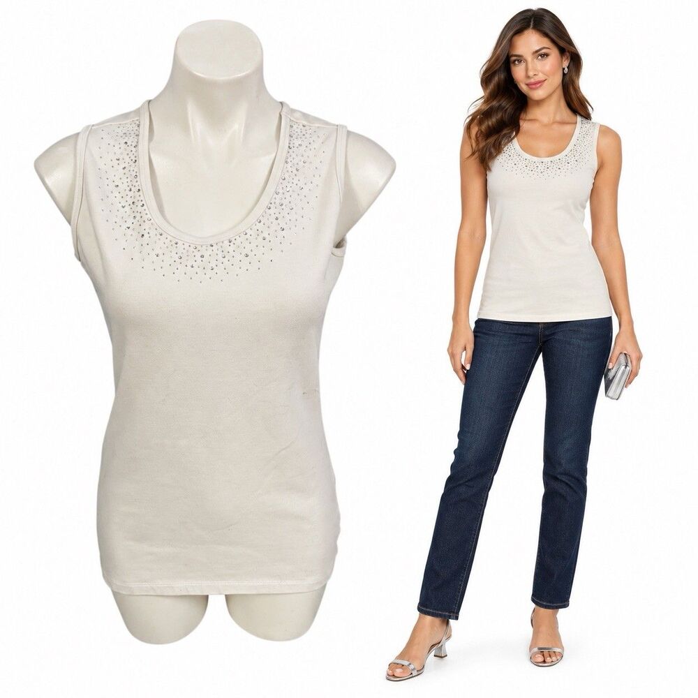 Christine Alexander Tank Top Womens XL White Rhinestone Stretch Cotton Sleeveles